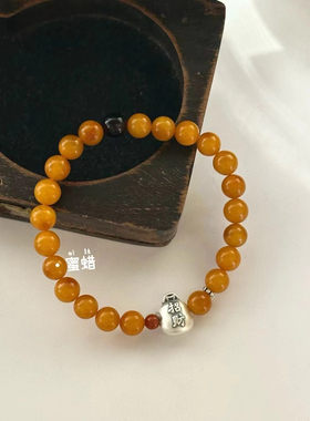 天然黄玉髓本命手链男女情侣通款单圈佛珠链手串蜜蜡纯银招财进宝