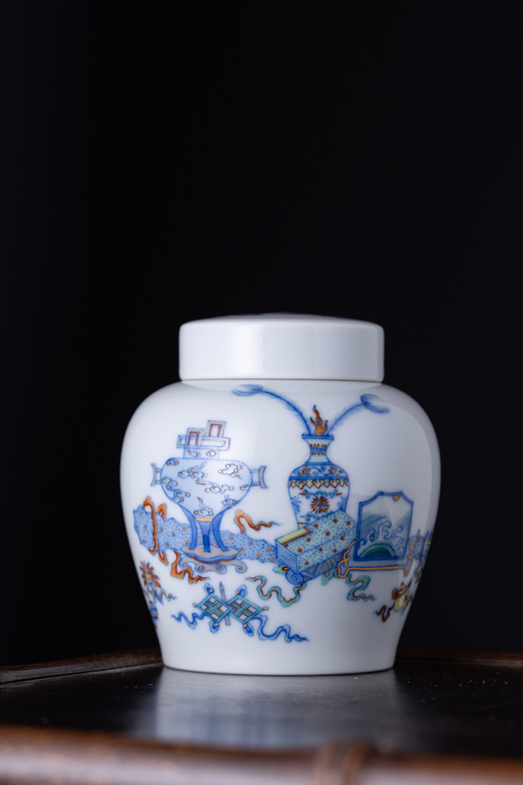 匋甄纯手工手绘斗彩博古图茶叶罐天字罐小号景德镇陶瓷茶具茶仓