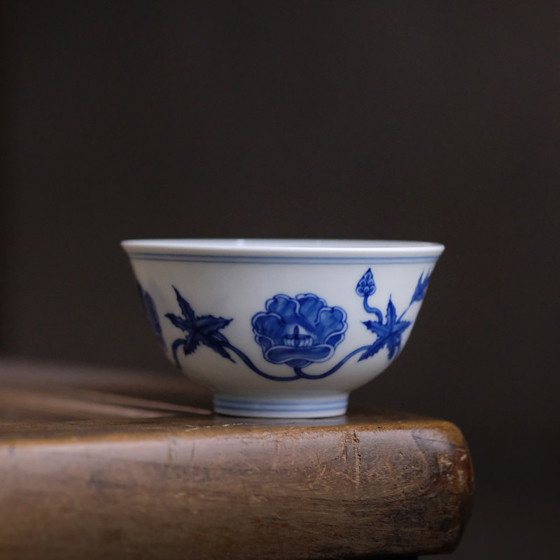 纯手工手绘成化青花秋葵纹杯景德镇陶瓷茶杯单个主人杯茶具品茗杯