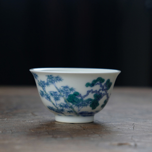 纯手工手绘斗彩松竹梅主人杯单杯景德镇陶瓷岁寒三友茶杯品茗杯