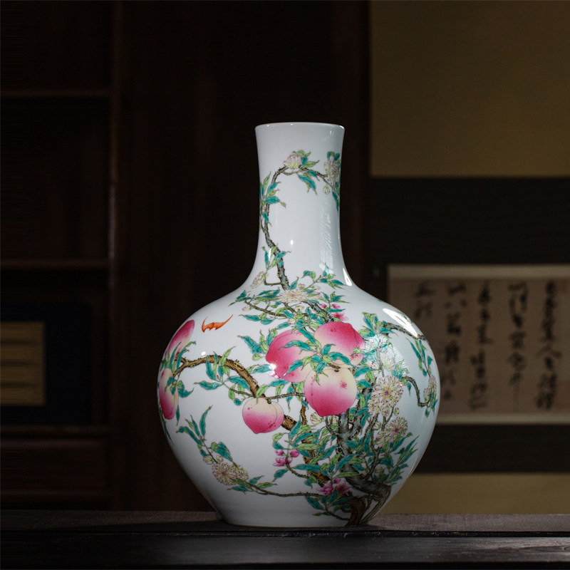 匋甄纯手绘粉彩九桃纹天球瓶大号景德镇仿古陶瓷花瓶家居陈设摆件