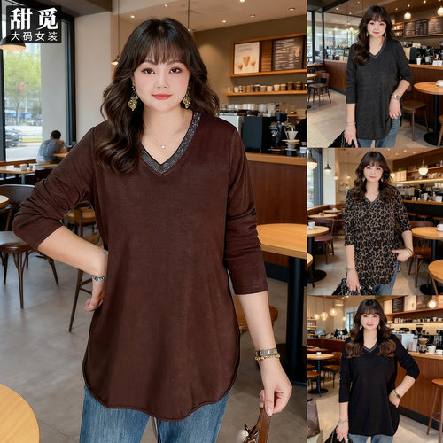 甜觅特大码女装2025春秋装胖mm300斤时尚精致烫钻V领中长款针织衫