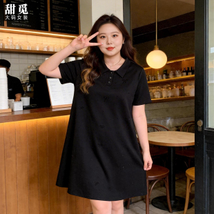 胖mm300斤精致烫钻赫本小黑裙polo领连衣裙 夏装 甜觅特大码 女装