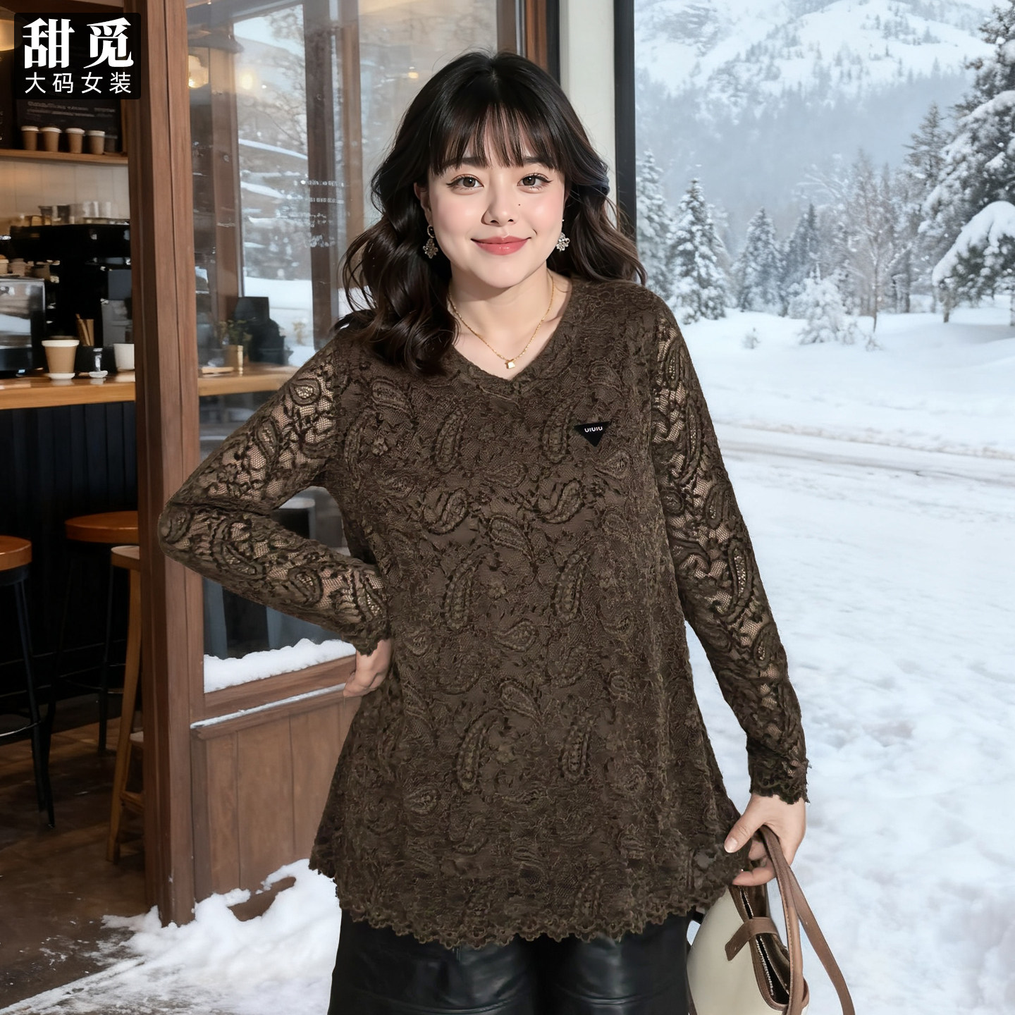 甜觅特大码女装春秋装胖mm300斤淑女气质宽松A版中长款V领蕾丝衫,女装/女士精品,大码内搭,淘宝优惠券,粉丝福利购,淘宝优惠卷