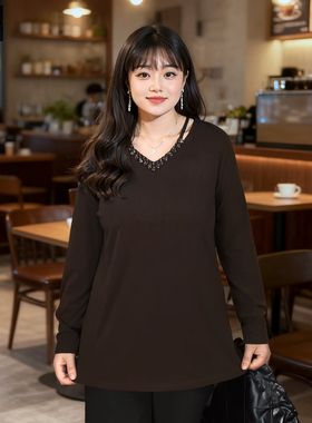 甜觅特大码女装冬装胖mm300斤重工钉珠冬季加薄绒镂空V领针织衫