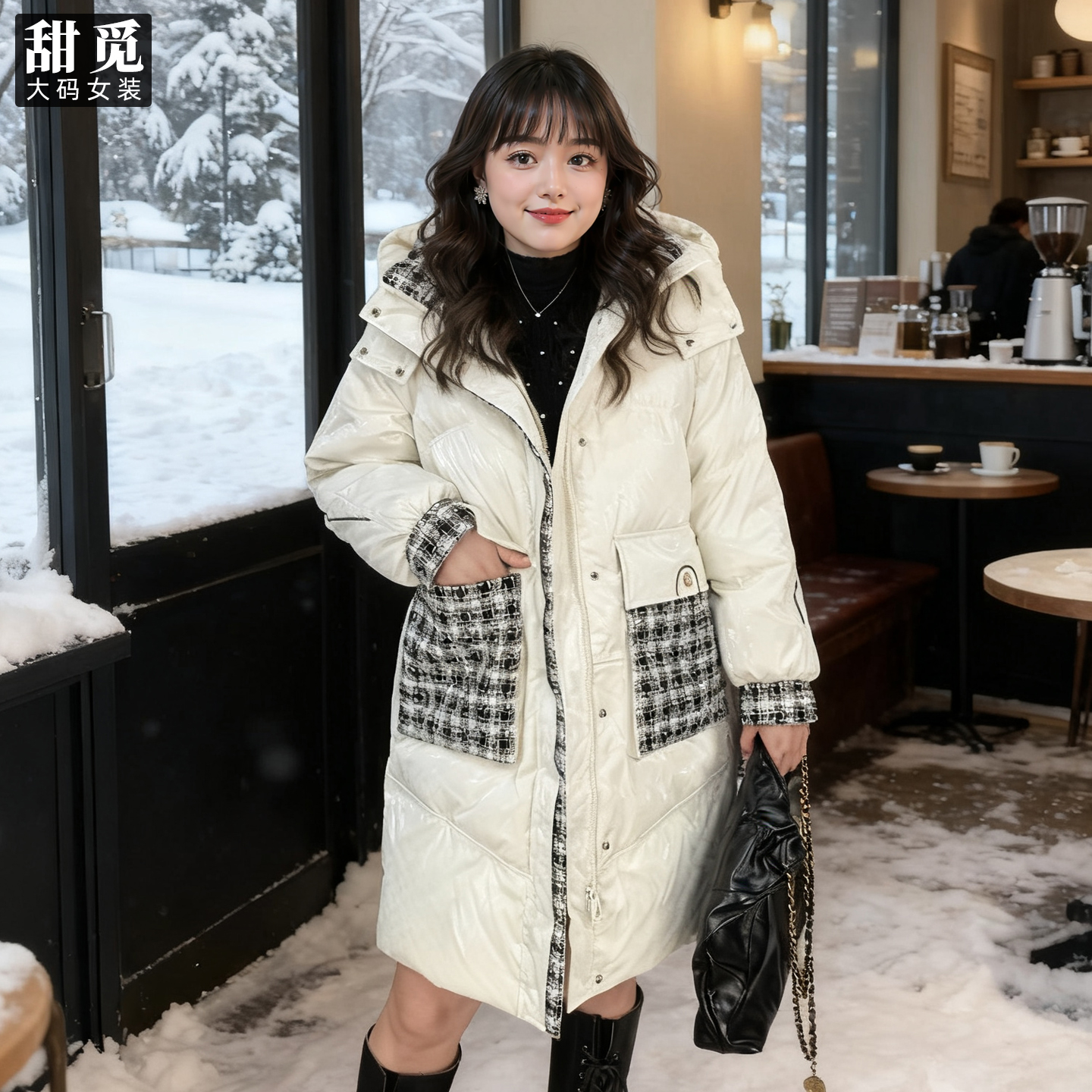 甜觅特大码女装冬装胖mm270斤中长款及膝连帽高档90白鸭绒羽绒服