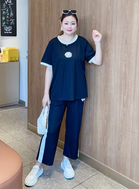 甜觅特大码女装夏装胖mm300斤时尚套装宽松T恤+阔腿裤DF