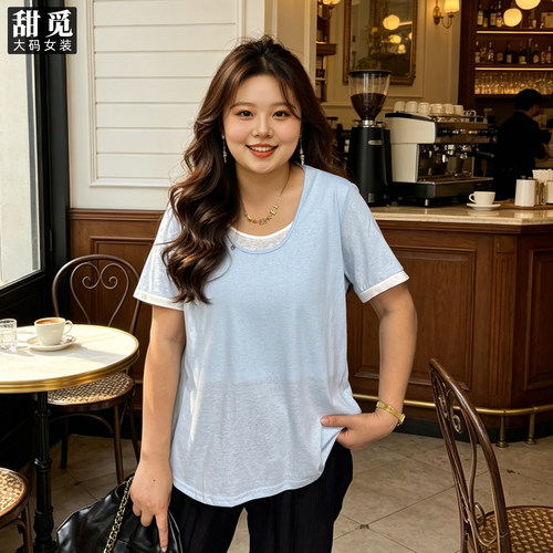 甜觅特大码女装夏装胖mm300斤时尚洋气薄款针织宽松显瘦假两件T恤