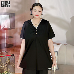 甜觅特大码 胖mm300斤淑女珍珠扣蕾丝花边拼接V领T恤 女装 2025夏季
