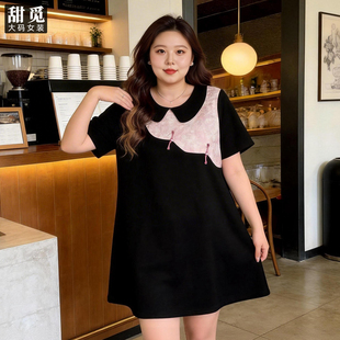 甜觅特大码女装夏装胖mm300斤新中式盘扣赫本小黑裙娃娃领连衣裙