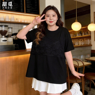 胖mm300斤胖妹妹假两件显瘦蕾丝马甲 甜觅特大码 女装 夏装 T恤 短袖