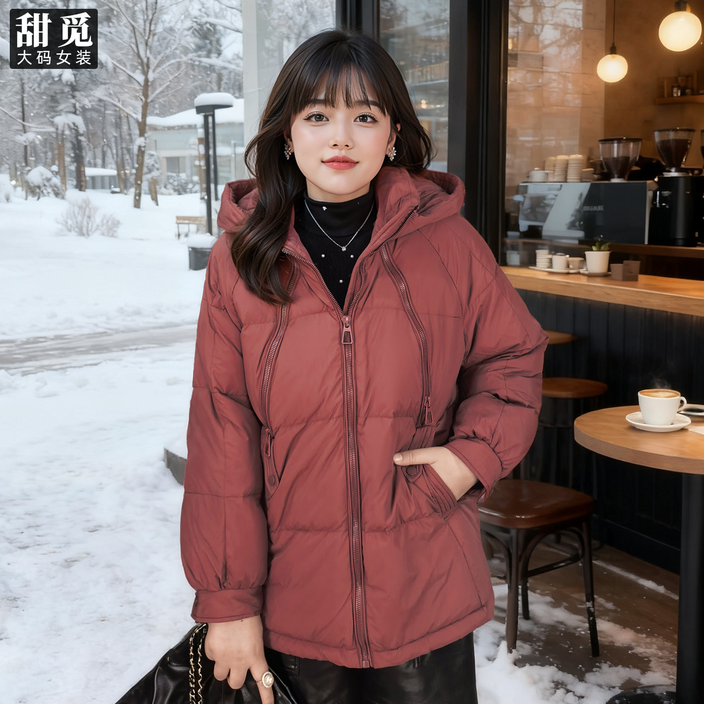 甜觅大码女装冬装胖mm240斤加肥加大码时尚拉链装饰中长款羽绒服