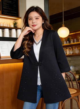 甜觅特大码女装春秋装胖mm300斤新中式国风宽松显瘦中长款V领外套