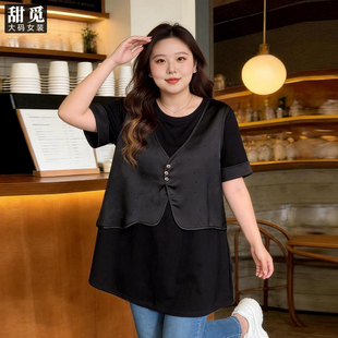 长款 甜觅特大码 胖mm300斤胖妹妹烫钻宽松假两件马甲 夏装 T恤 女装