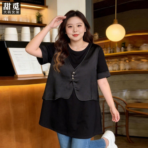 甜觅特大码女装夏装胖mm300斤胖妹妹烫钻宽松假两件马甲+长款T恤