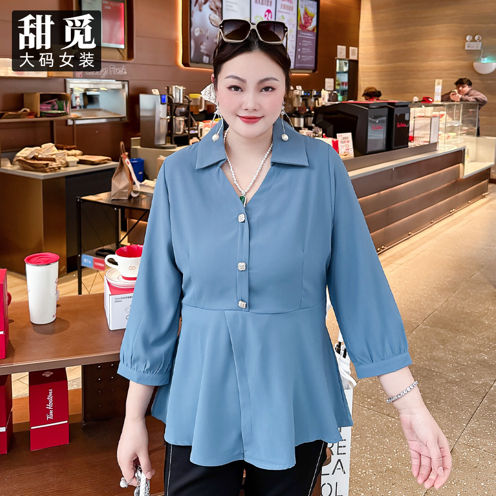 甜觅大码女装2025夏装胖mm240斤淑女气质收腰显瘦七分袖V领衬衫