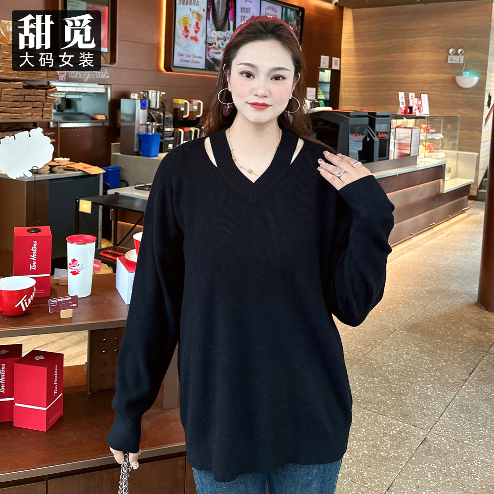 甜觅特大码女装2024冬装胖mm300斤气质宽松显瘦V领中长款毛衣DF