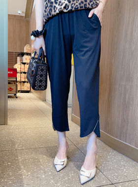 甜觅特大码女装2023夏装胖mm270斤高腰弹力镶钻九分裤休闲裤DF