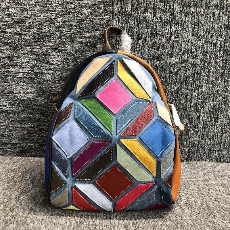 背包女款真皮正品背包夏季韩版百搭拼接头层彩色牛皮旅游双肩包