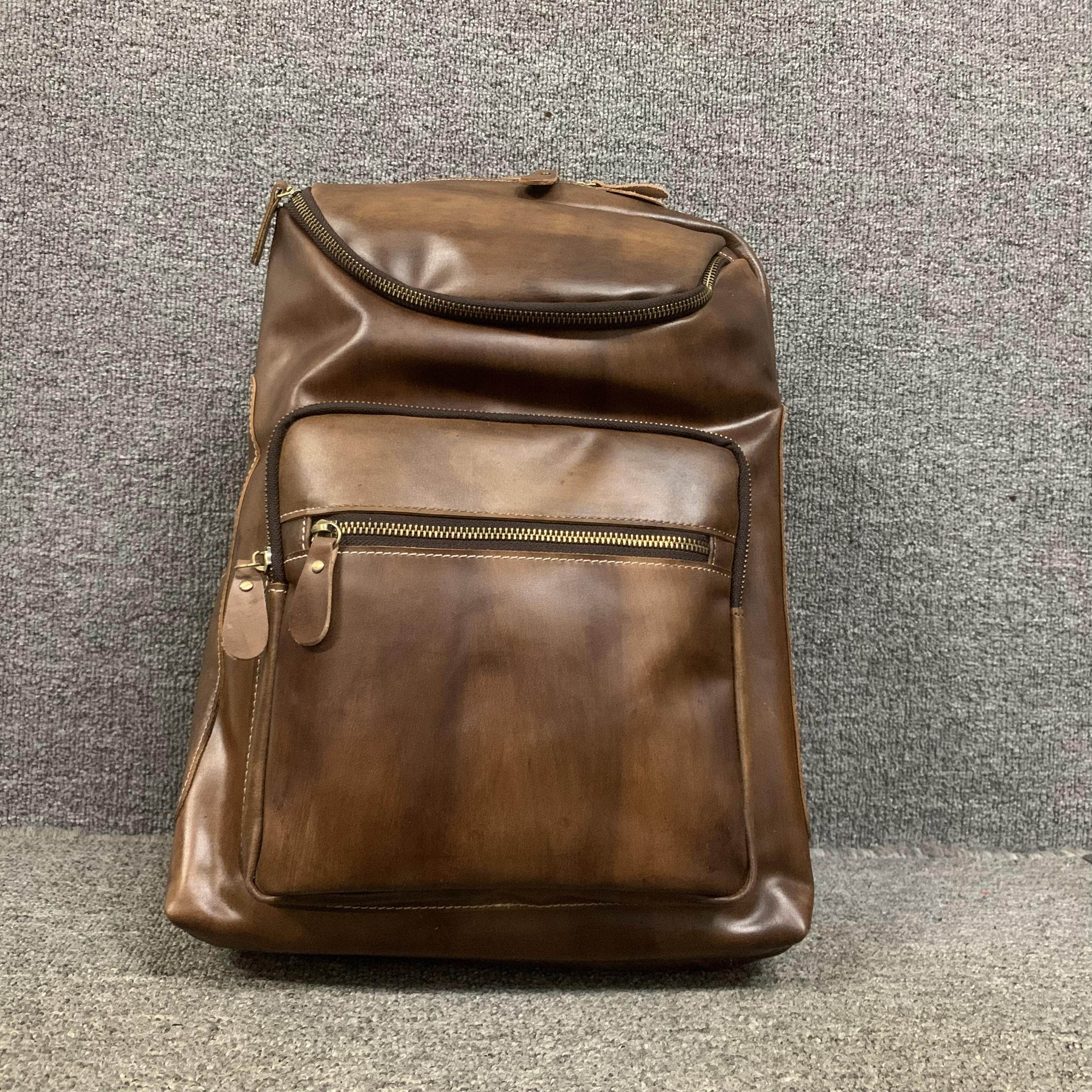 擦色复古真皮双肩背包百搭时尚男女通用小众头层牛皮大容量大背包