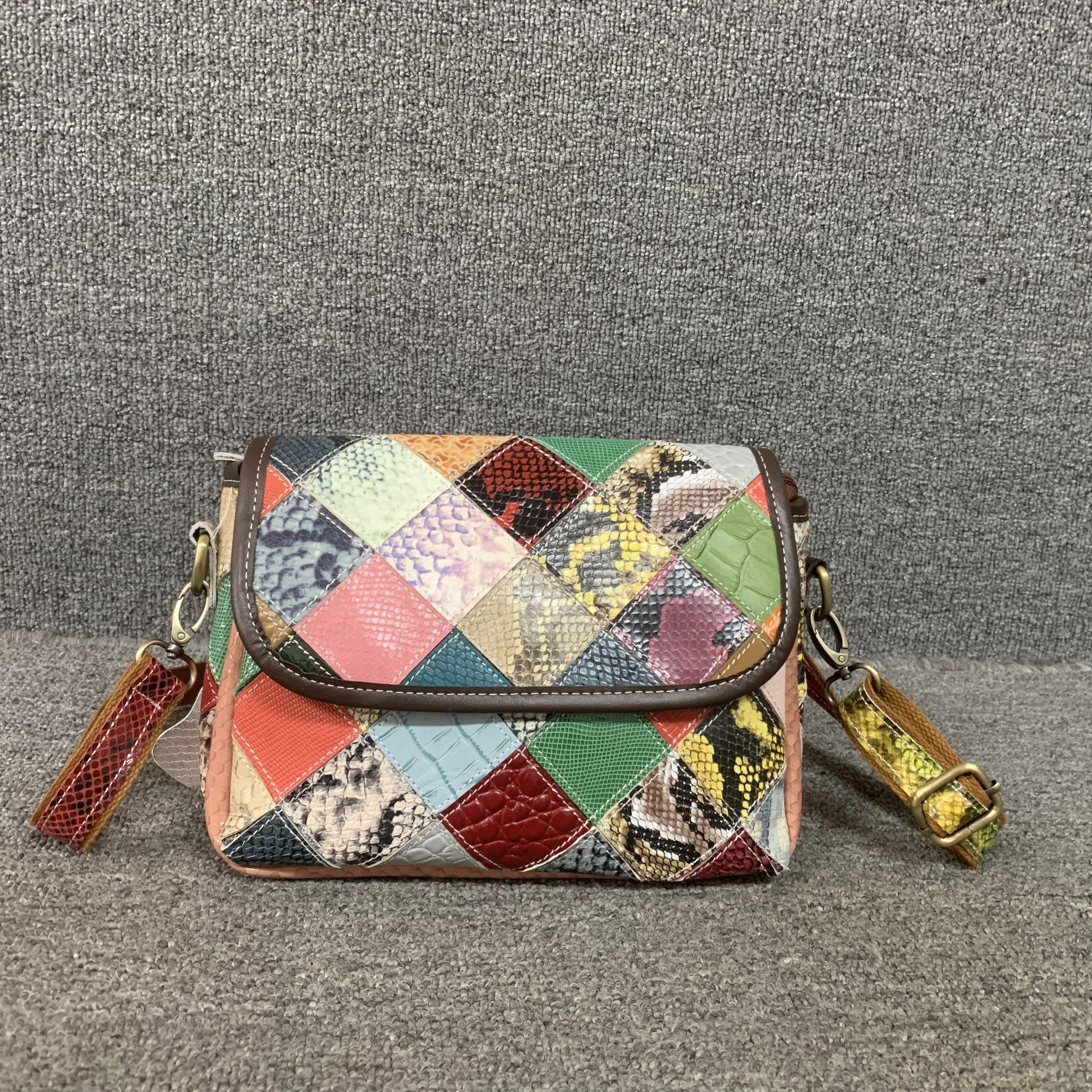 头层彩色牛皮女单肩斜跨小方包