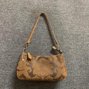 复古新品真皮女包头层牛皮压花纹女手提腋下单肩潮小晚宴小方包女