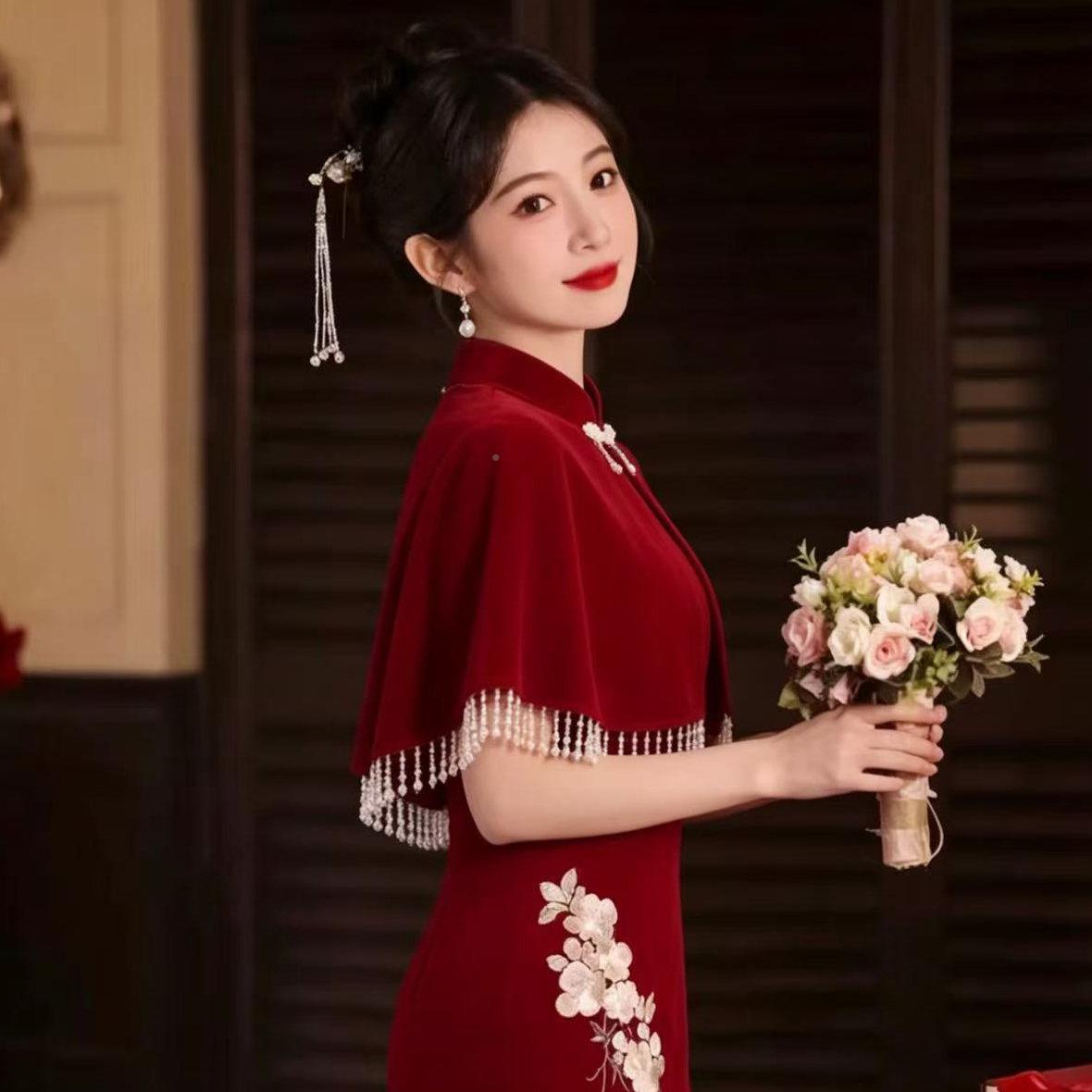 新中式酒PJ58色结旗婚红礼敬酒服袍披肩外搭女珍饰珠流苏装新娘高