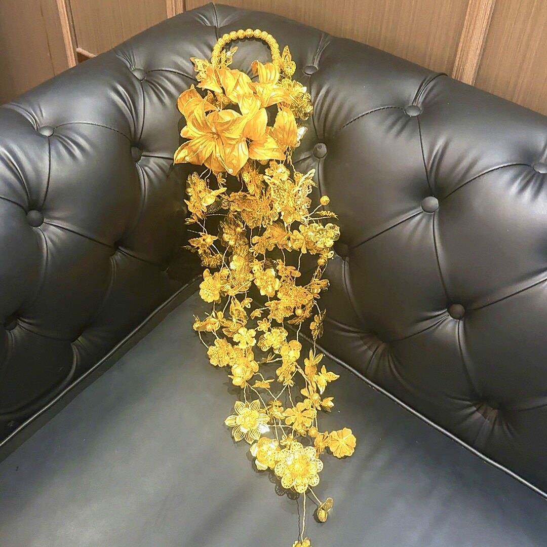 色瀑布手捧花新娘结婚礼MLI婚物金d礼iy材料包礼手拎花中式手工物