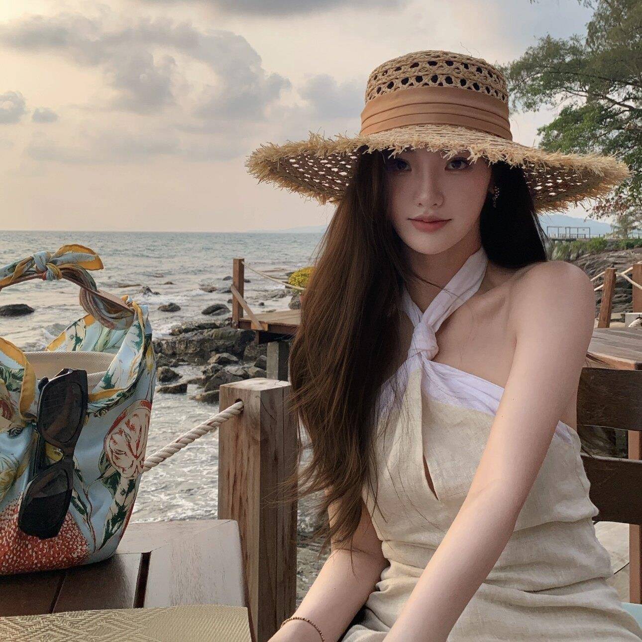 海边拍照度假020292风草帽晒女夏帽沙滩遮阳帽防遮阳镂空毛边大簷