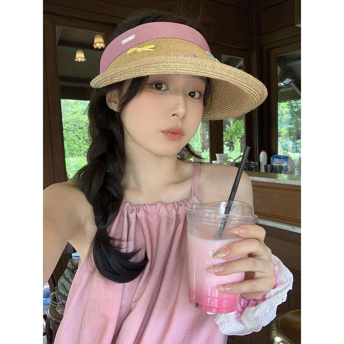 蝴蝶结草编假鸭舌顶9074草帽帽女夏天边度遮阳帽防晒空遮阳帽海沙