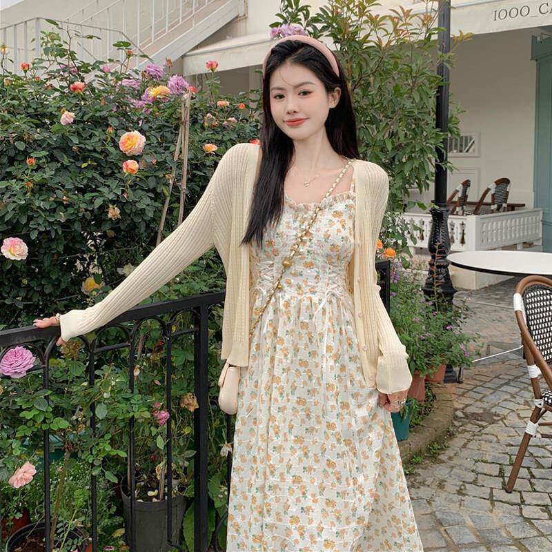 裙子女夏季超好看法套式美小清新仙两女开衫碎花吊带连衣2552A裙