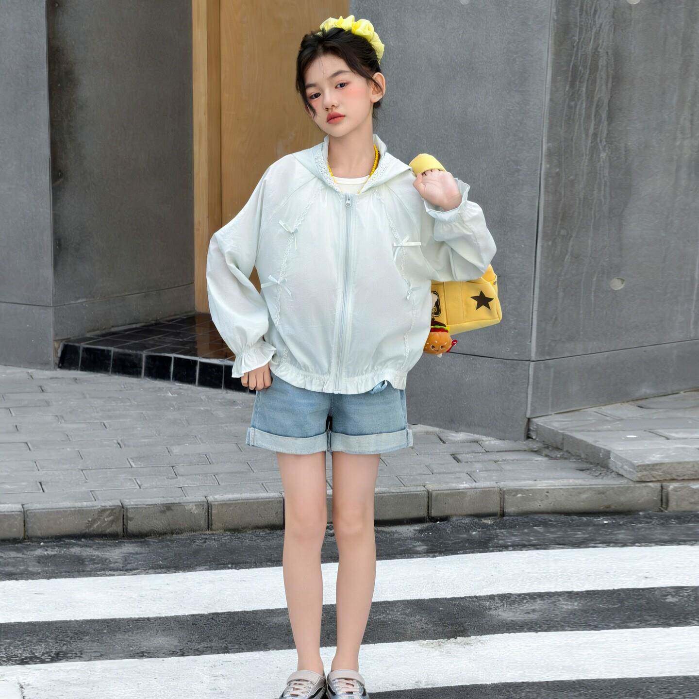 女童防晒衣夏季206新洋气儿童休晒闲蝴蝶2结连帽防A1208服轻薄外