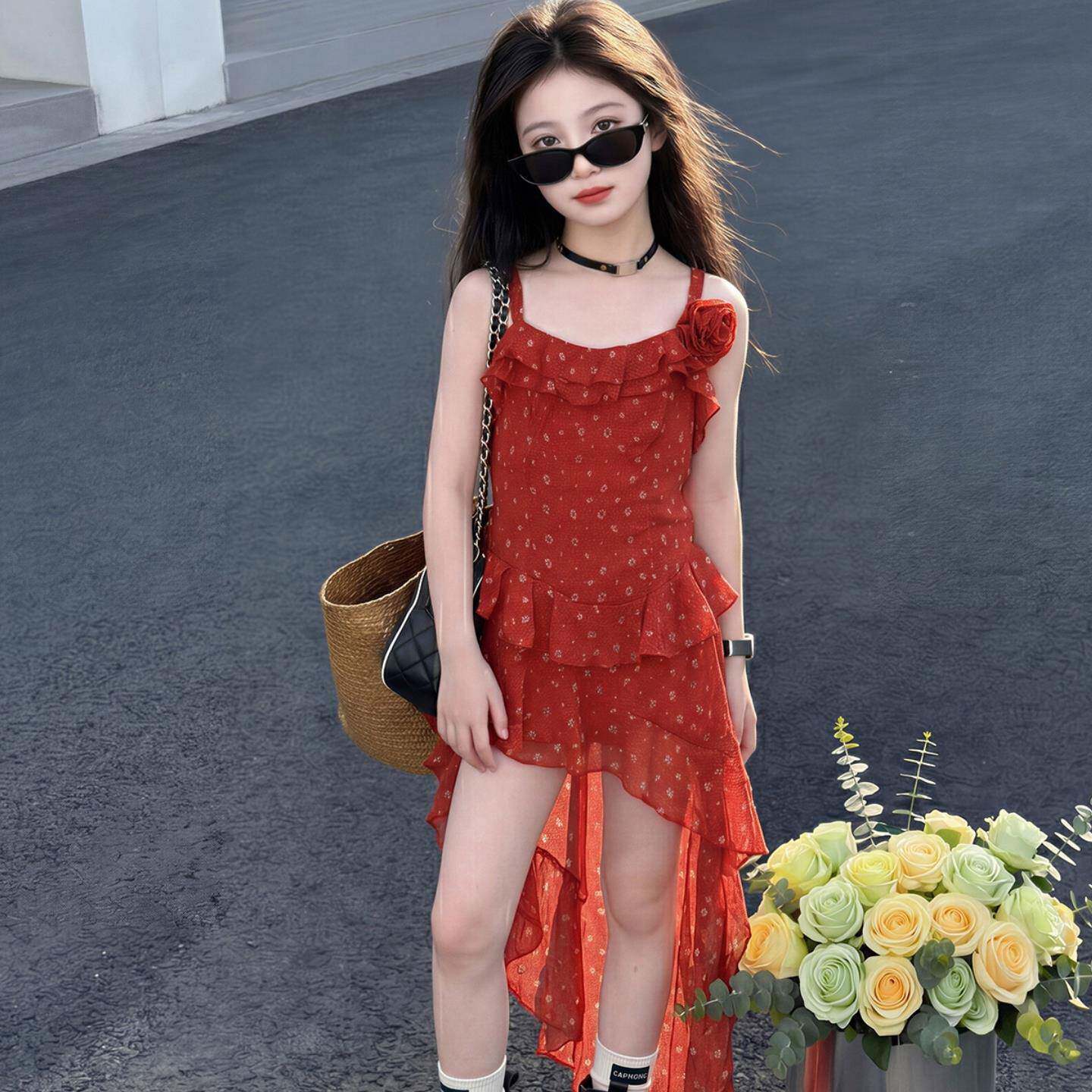 FVY女童红碎色花吊带连款衣裙夏新前短后长燕尾裙中大童洋气假度