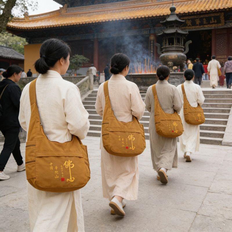 水普陀山背佛PYI袋烧袋斜挎包居士禅包佛系帆布桶香包布钱袋子拜图片