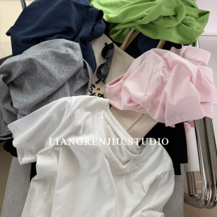 洋气颜色 夏季 宽松薄款 韩版 T恤M 雪花竹节大圆领短袖 纸片人