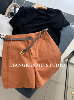 乐莎正品。超赞裤型。显瘦高腰后腰松紧夏季棉质抗皱短裤2498AR