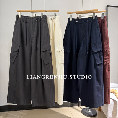 松紧腰直筒大口袋工装裤