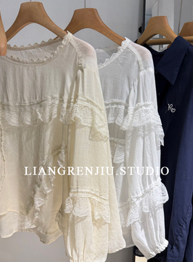100苎麻。反面做工都很好。轻盈荷叶蕾丝。宽松柔美衬衫6003B6R