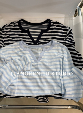 天然木纤维。薄款条纹轻柔长袖春夏防晒小V领T恤26019B13