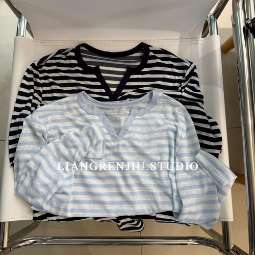 天然木纤维。薄款条纹轻柔长袖春夏防晒小V领T恤26019B13