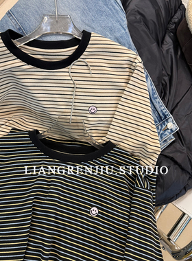 公司货剩余。绒感秋冬条纹宽松长袖打底衫笑脸T恤3569W