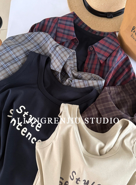 巧X品牌剩。洋气时髦感。棉字母背心+格子衬衫两件套套装51352MR