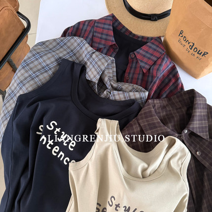 巧X品牌剩。洋气时髦感。棉字母背心+格子衬衫两件套套装51352MR