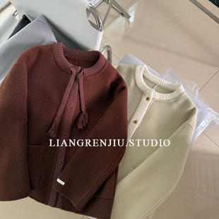 日杂风。双面羊毛。氧气感拼接针织圆领厚实轻暖毛呢外套4108M