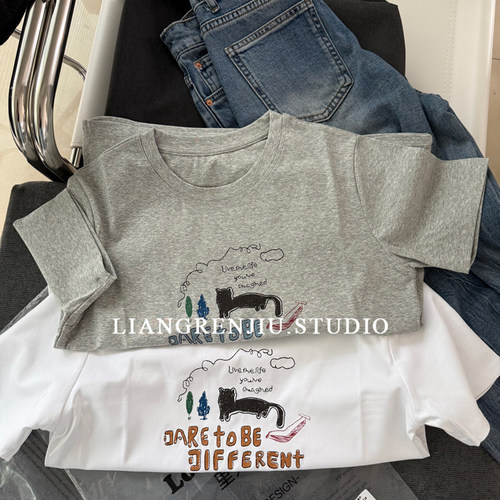 品牌剩余。小猫刺绣。字母印花95棉短袖夏季T恤7272W