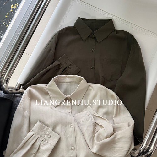 妥妥及简高及感！100莱赛尔。素面 优质宽松长袖上衣衬衫2619L