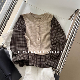 品牌剩余。麻花针织格子衬衫假两件。公司货高品质上衣7612A