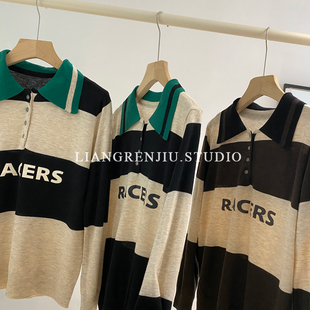 撞色复古。polo翻领 长袖 丝光Yang毛 春季针织衫TR