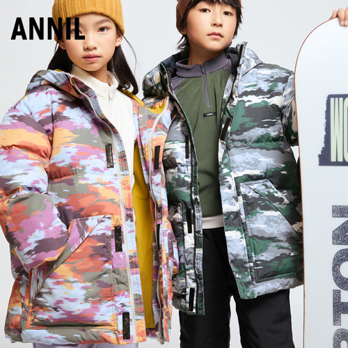 安奈儿童装男童女童中长款羽绒服冬休闲迷彩户外三防保暖