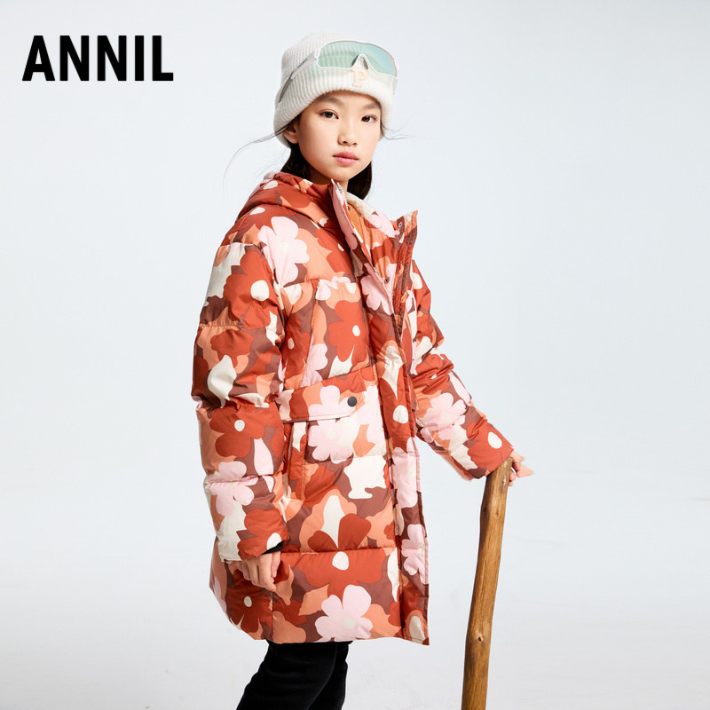 安奈儿童装女童中长款羽绒服冬甜美三防保暖印花简约厚款